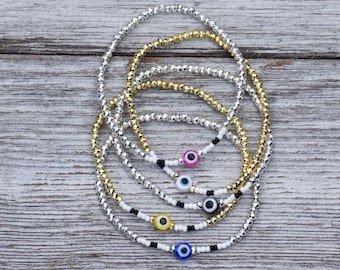 Dainty Evil Eye Beaded Stretch Bracelet