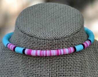 Mint With Pinks Mix Clay Disc Beaded Choker Necklace