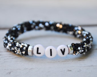 Name / Word Custom Black & Silver Sparkle Party Bangle Bracelet , Beaded Bracelet, Name Bracelet