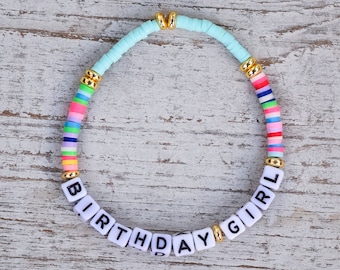 Beaded Birthday Girl Bracelet, Heishi, Clay Disc, Stretch Bracelet