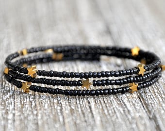 Dainty Black Seed Bead and Gold Star Wrap Bracelet