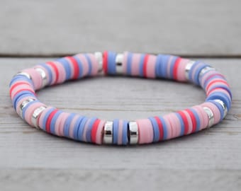 Pink, Blue & Silver Beaded Disc Stretch Bracelet