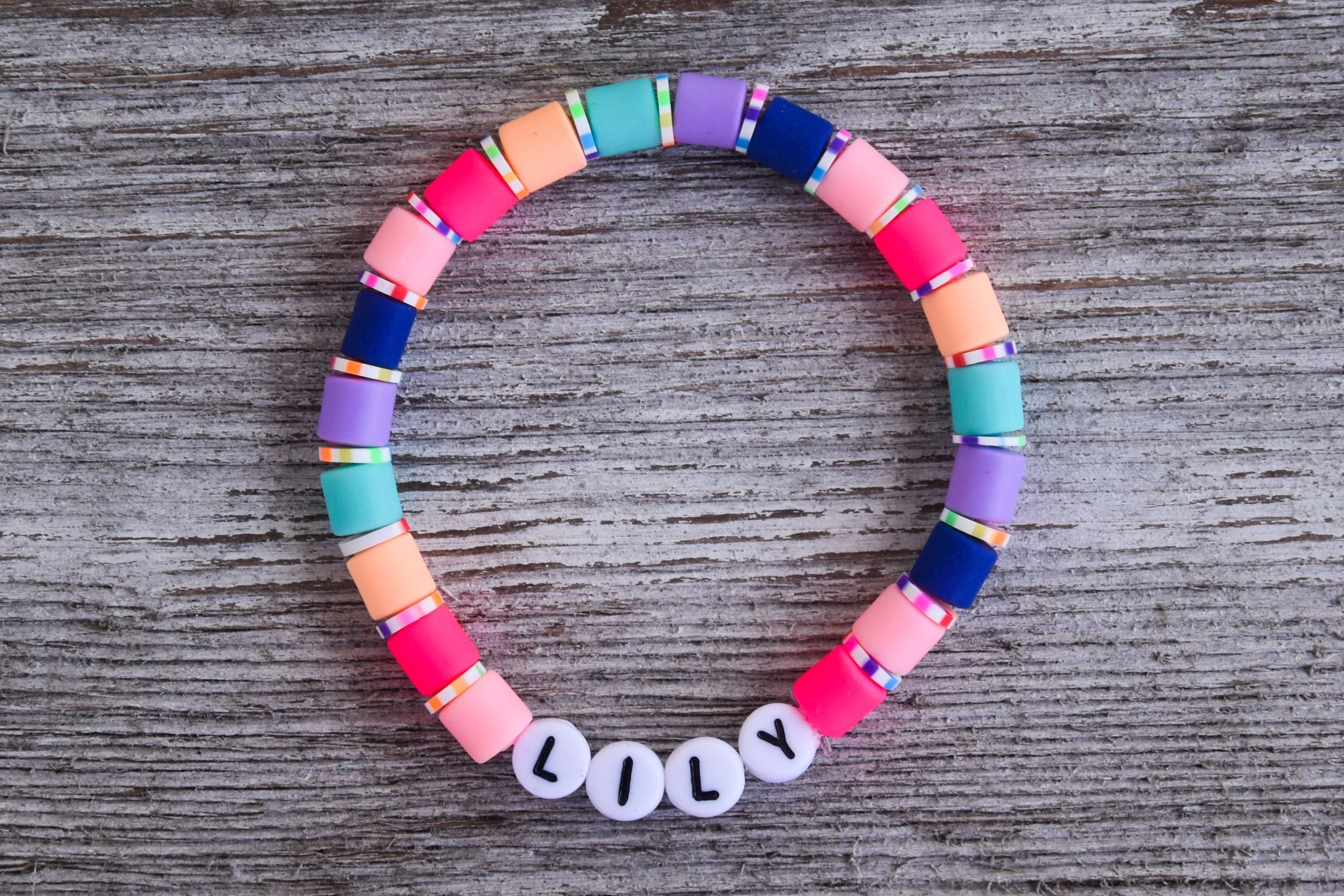 Custom Name / Word Colorful Rainbow Clay Beaded Stretch Bracelet - Etsy