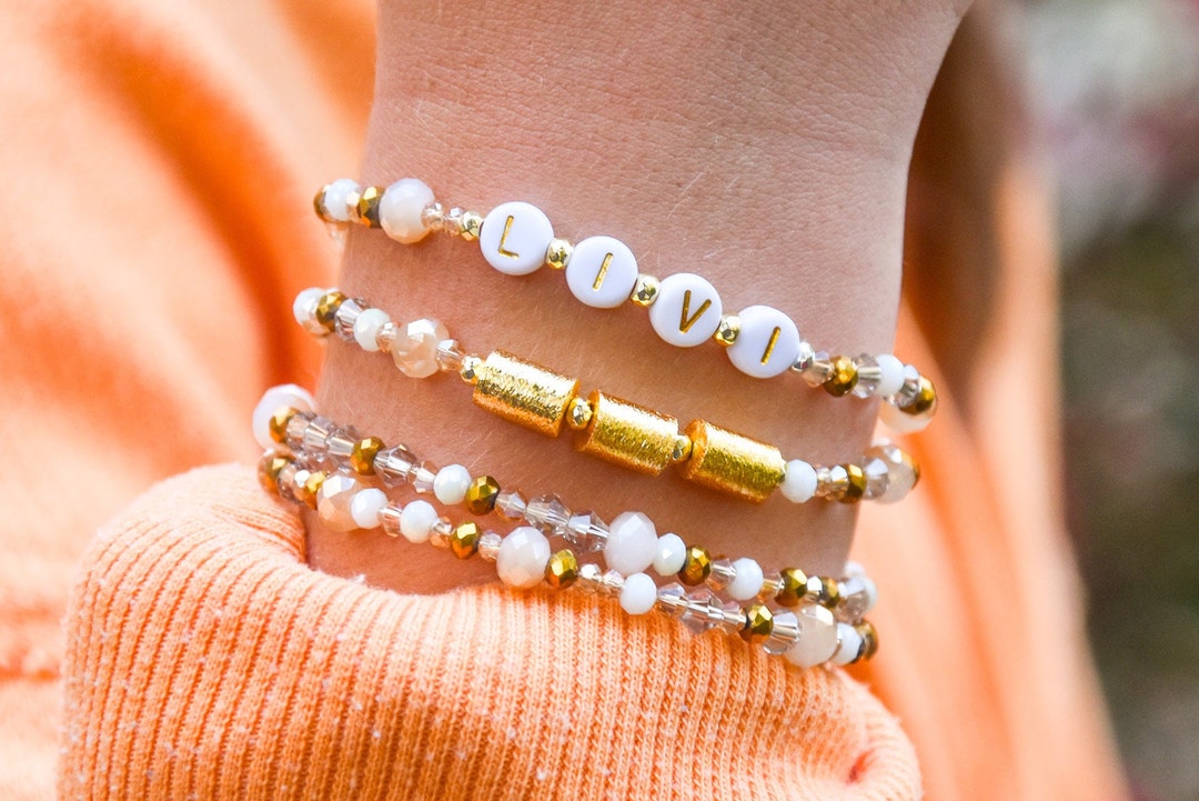 Gold & Neutral Sparkle Beaded Bracelets, Custom Bracelet, Name Bracelet