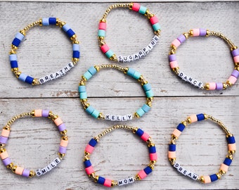 Gold & Colorful Barrels Custom Name / Word Beaded Stretch Bracelet