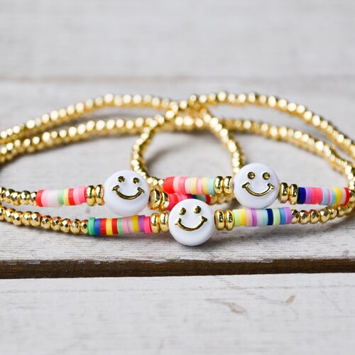 Smiley Face Bracelet Be Happy Bracelet Smile Gold Beaded Etsy