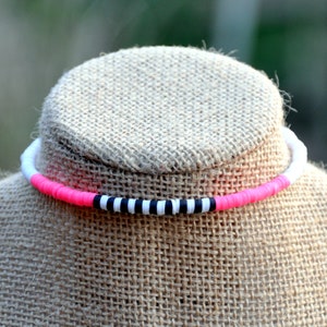 Black & White Stripe W/ Hot Pink Color Block Clay Beaded Choker , Choker Necklace