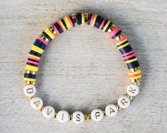 Navy Blue, Yellow, Coral & Gold Custom Name / Word Beaded Disc Stretch Bracelet