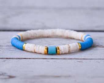 White / Cream Marble, Turquoise Blue & Gold Beaded Clay Disc
