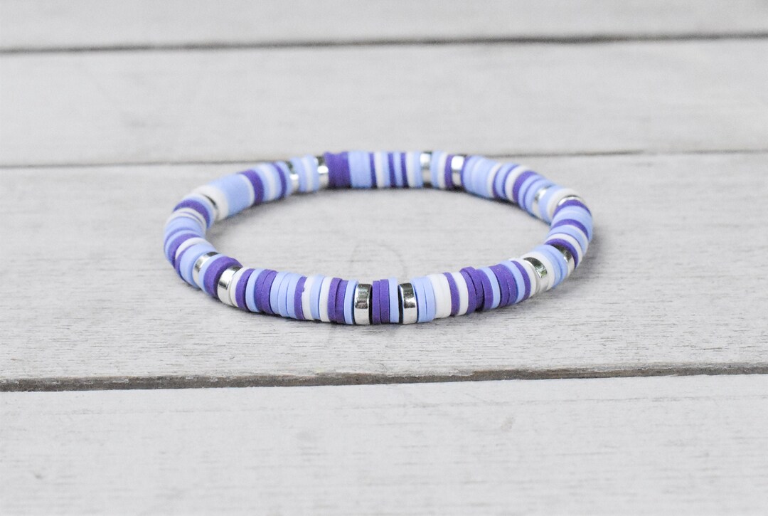 Purple, Periwinkle, White & Silver Beaded Disc Stretch Bracelet - Etsy