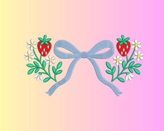 Bow And Strawberry Embroidery Design, Digital Machine Embroidery Files By Royal Stitch Hub, DST