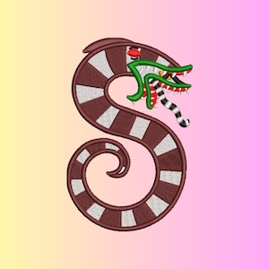 May include: An embroidered design featuring a stylized snake in the shape of the letter "S". The snake is primarily brown with white stripes, a green head, and a red and black striped tongue. The background gradient transitions from yellow to pink.