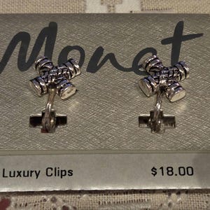 Vintage 1980s Monet Silver Tone Cross Clip On Earrings, New Old Stock NOS on Card, Woven Rope Geometric Statement Clips, Retro Costume Jewel