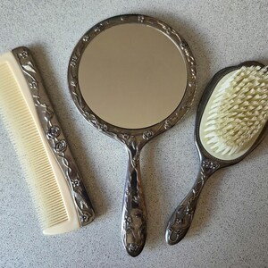 Vintage Vanity Set Mirror Brush Comb Silver Plated Tone Floral Butterfly Mid Century Dressing Table Set Boudoir Decor