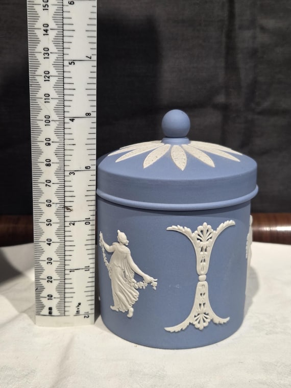 Wedgwood Blue Jasperware Tobacco Jar Lidded Classical Relief