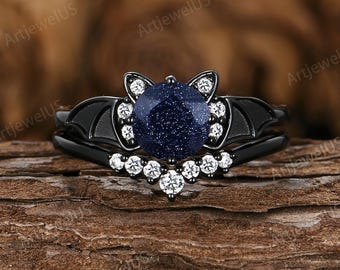 Vampire Blue Sandstone Gothic Engagement Ring Set Witchy Bat Wings Ring For Women Unique Promise Anniversary Ring