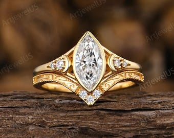 Art Deco Filigree Moissanite Engagement Ring Yellow Gold Vintage Marquise Cut Diamond For Women Antique Anniversary Ring Set