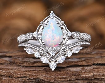 Vintage Opal Engagement Ring Set Unique Art Deco Moissanite Wedding Ring 14K White Gold Anniversary Ring Gift