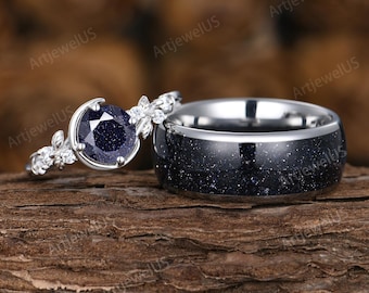 Starry Night Couples Ring Set- Galaxy Sandstone His and Hers Rings- Night Court Cosmic Wedding Band- Matching Unique Promise Rings