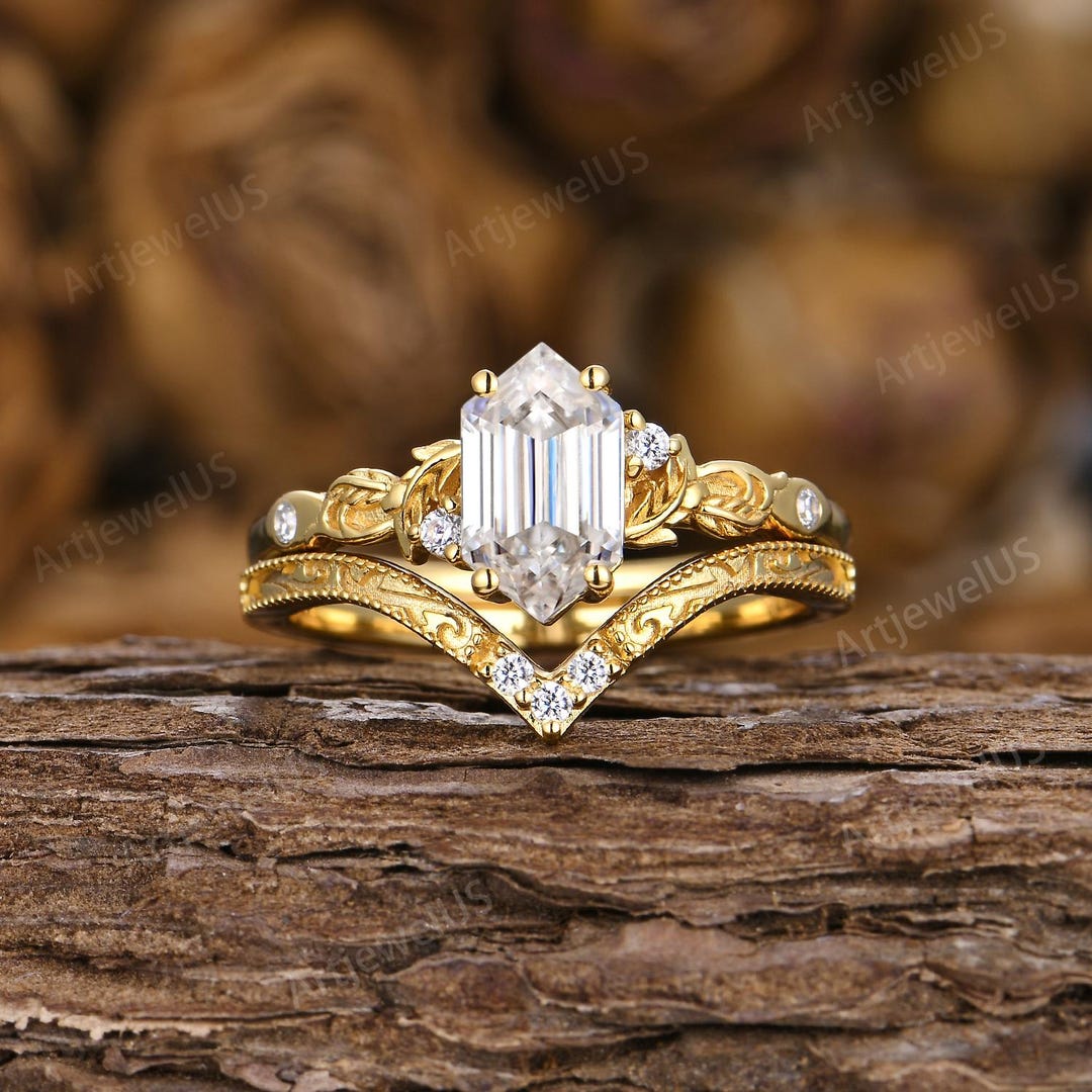 Art Deco Nature Inspired Moissanite Engagement Ring Yellow Gold Vintage ...