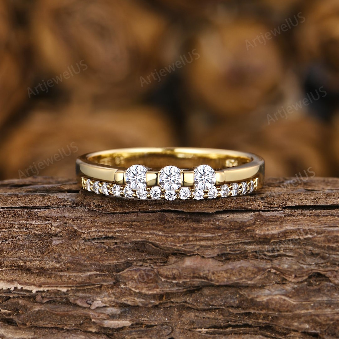 Round Cut Moissanite Wedding Band Solid Yellow Gold Wedding Anniversary ...