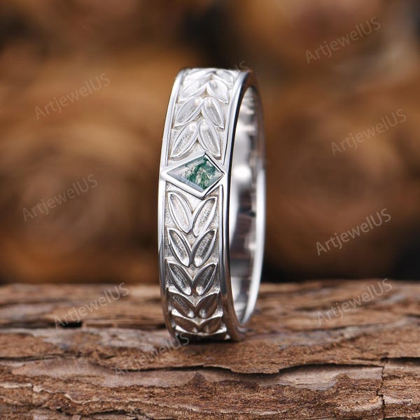 Kite cut Moss Agate Mens Wedding Band- Sterling Silver Nature Inspired Ring For Him- Unique Mens Engagement Ring- 5mm Wide Band