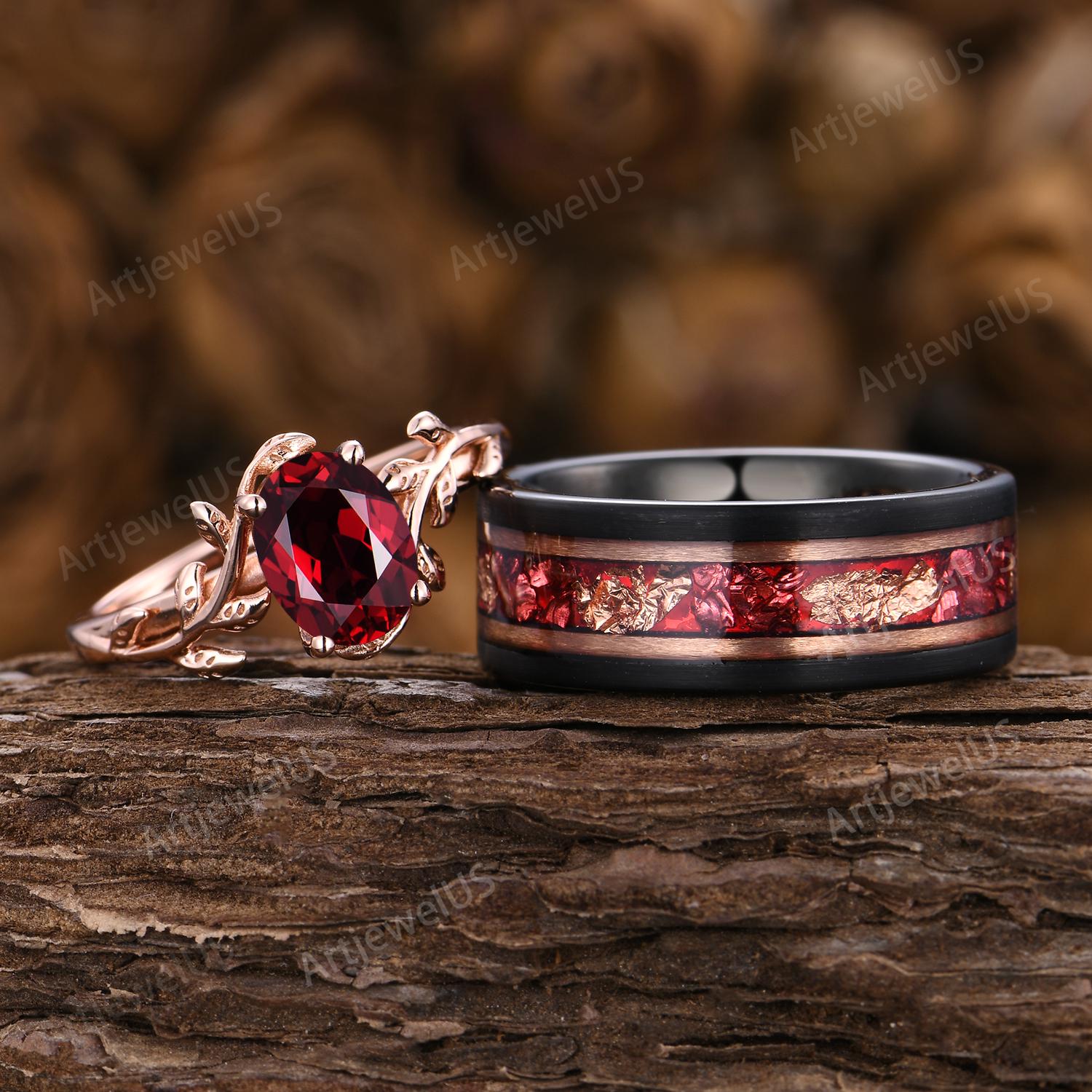 Oval Ruby Couples Ring Set - His and Hers Rose Gold Matching Rings ...