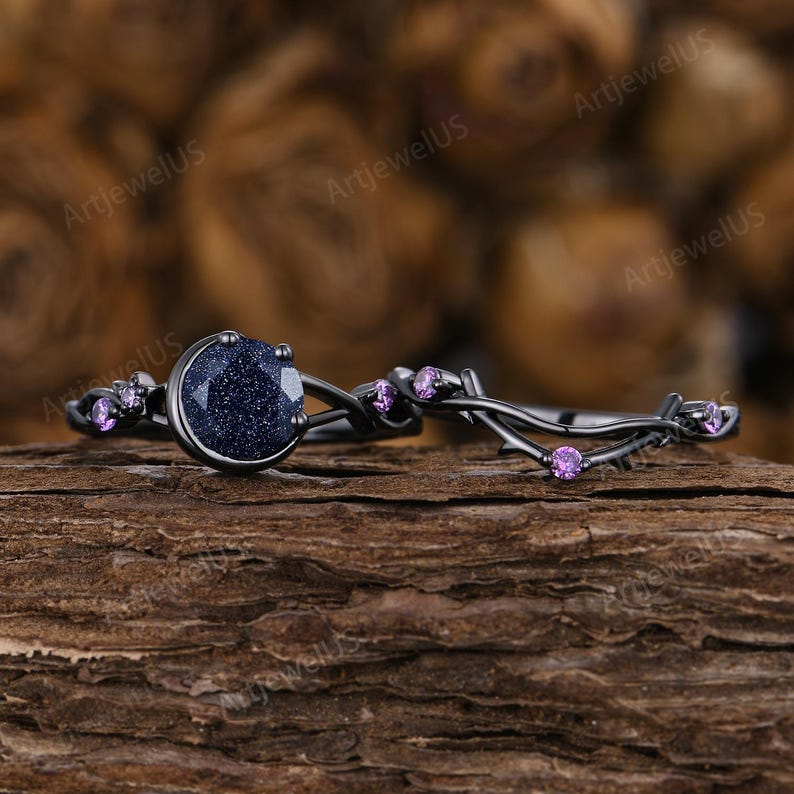 Unique Moon Rings Round Cut Blue Sandstone Engagement Ring Black Gold Art Deco Moon Ring ...