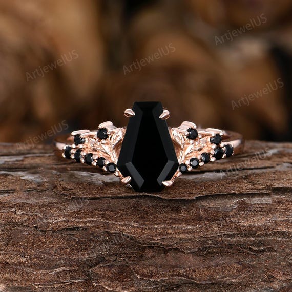 Gothic Coffin Cut Black Onyx Engagement Ring Set Spider Web