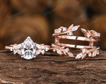 Pear cut moissanite engagement ring set unique cluster diamond ring Vintage Rose gold double curved wedding bridal promise gift