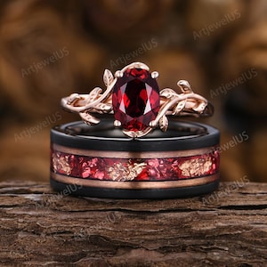 Ensemble de bagues ovales pour couples rubis - bagues assorties en or Rose pour elle et lui - bague de mariage promesse inspirée de la nature