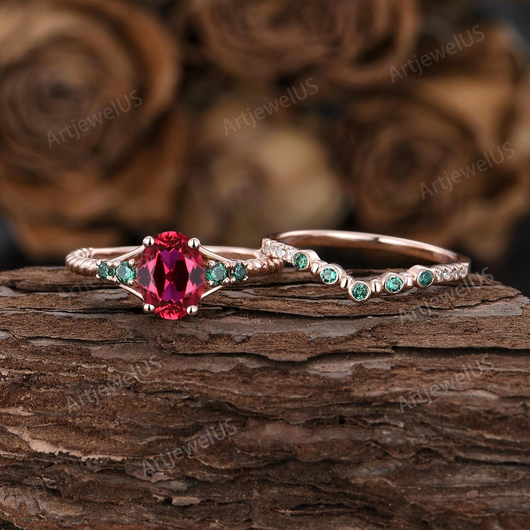 Oval Cut Ruby Emerald Engagement Ring Set Rose Gold Twisted Wedding ...