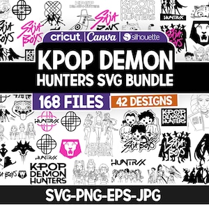 Peut inclure: Un ensemble SVG numérique avec divers motifs et illustrations. L'image comprend le texte "KPOP DEMON HUNTERS SVG BUNDLE" avec le nombre de fichiers et de motifs. Les motifs incluent des illustrations et du texte tels que "Skit Boys" et "Huntrax".