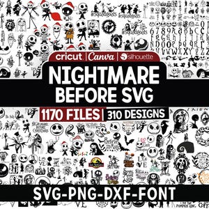 Alptraum inspirierte Weihnachten SVG Bundle, Jack & Sally SVG Schriftart, 1170 Dateien, Cricut Silhouette, Halloween und Urlaub Schnittdateien