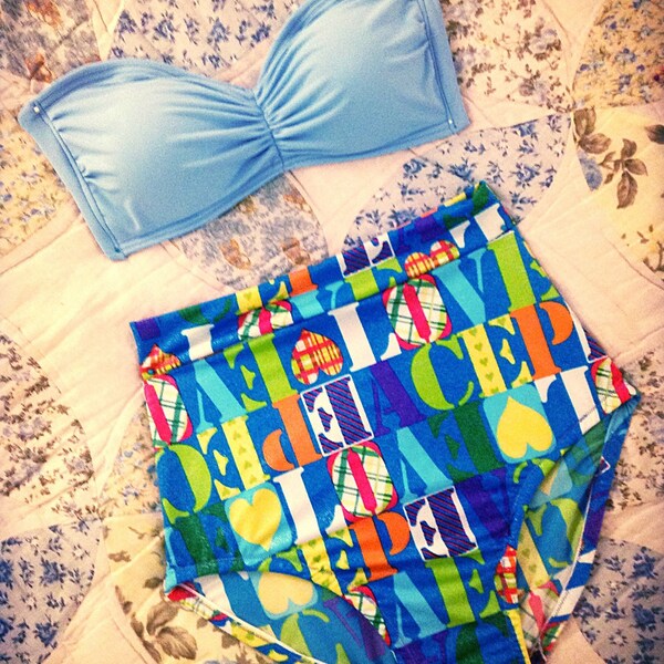 Retro High Waist Bikini Set - Peace/Love Print Size Medium