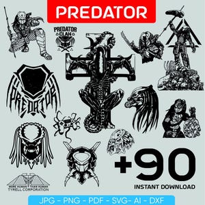 May include: A collection of black and white Predator-themed graphic designs. The designs include various Predator illustrations, logos, and the text "PREDATOR" in a red banner. The image also includes the text "+90 INSTANT DOWNLOAD" and file type options.