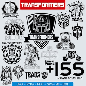 Könnte beinhalten: Eine Sammlung von schwarz-weißen Grafiken zum Thema Transformers. Die Designs umfassen Autobot- und Decepticon-Logos, Charakterillustrationen und Textelemente wie "Roll Out" und "Optimus Prime". Das Bild enthält auch den Text "Instant Download".