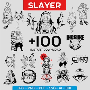 Può includere: Una collezione di grafiche di Demon Slayer in bianco e nero. La parola "SLAYER" è in rosso in alto. L'immagine include illustrazioni di personaggi, il testo "+100 INSTANT DOWNLOAD" e le opzioni di tipo di file: JPG, PNG, PDF, SVG, AI e DXF.