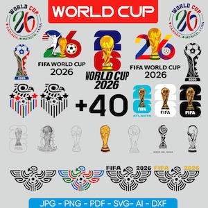 Puede incluir: Una colección de archivos gráficos digitales con el logotipo de la Copa Mundial de la FIFA 2026, que incluye varias versiones estilizadas del trofeo, el número 26, emblemas de águila y balones de fútbol en color, negro, blanco y contornos.