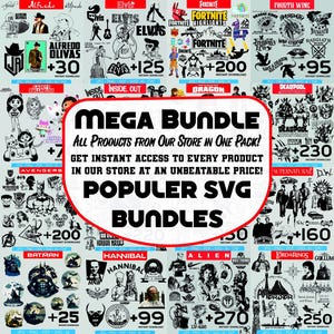 May include: A collection of SVG bundles featuring various pop culture themes. The image showcases designs related to movies, TV shows, and characters, including Batman, Elvis, and Fortnite. The central text reads "MEGA BUNDLE" and "POPULER SVG BUNDLES".