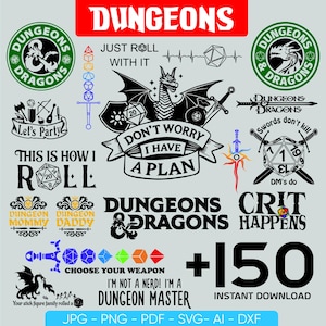 Op de afbeelding: Een verzameling Dungeons & Dragons-thema graphics in zwart, wit, groen en rood. Bevat tekst als "Dungeons", "Just Roll With It", "Don't Worry I Have A Plan" en "Crit Happens". Bevat ook dobbelstenen, draken en zwaarden.