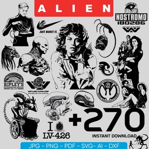 Peut inclure: Une collection d'illustrations et de logos en noir et blanc liés à la franchise Alien. Comprend des images de personnages, des logos pour Weyland-Yutani Corp, Ripley's Extermination Services et le vaisseau Nostromo. Texte : "Alien", "Just Burst It", et "+270 Instant Download".