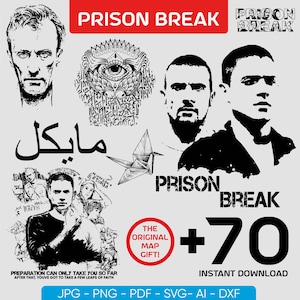 Puede incluir: Un conjunto de diseños gráficos en blanco y negro con retratos, un símbolo de ojo y origami. El texto "PRISON BREAK" aparece en rojo y negro, junto con la palabra árabe "مايكل". Incluye "+70" y "INSTANT DOWNLOAD".