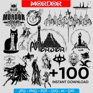 May include: A collection of black and white illustrations featuring themes from the Lord of the Rings, including the word "MORDOR" in various fonts, a dragon, and other related imagery. The image also includes the text "+100 INSTANT DOWNLOAD".
