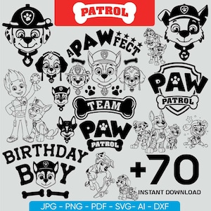 Puede incluir: Diseños gráficos en blanco y negro con los personajes y logotipos de la Patrulla Canina. Incluye las palabras "PATROL", "PAW", "BIRTHDAY BOY" y "+70 INSTANT DOWNLOAD".