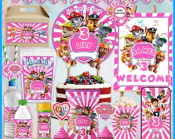 Decorações de aniversário para menina com tema de cachorrinho: modelo editável no Canva, kit de festa faça você mesmo.