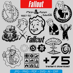 Puede incluir: Una colección de gráficos de Fallout en blanco y negro. Incluye el logotipo de Fallout en rojo, Vault-Tec, Nuka-Cola y varias ilustraciones de personajes. La imagen también presenta los números 13 y 76, junto con el texto "+75 Descarga instantánea."