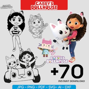 Op de afbeelding: Een digitale collectie Gabby's Dollhouse-afbeeldingen met zwart-witte lijntekeningen van personages, een full-colour personage dat een witte kat vasthoudt, een roze katfiguur, de tekst Gabby's Dollhouse en de tekst +70 instant download.