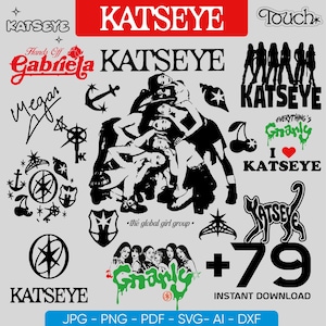 May include: A collection of black and white graphics and text elements, including the word "KATSEYE" in various fonts, silhouettes of women, and the phrase "Everything's Gnarly". The image also includes the text "+79 INSTANT DOWNLOAD".