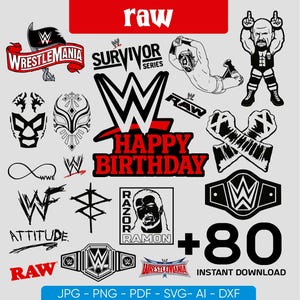 May include: A collection of black and white wrestling-themed graphics, including logos, text, and illustrations. The image features the text "RAW", "Wrestlemania", "Survivor Series", "Happy Birthday", and "Attitude". Also included are the text "Razor Ramon" and "+80 Instant Download".